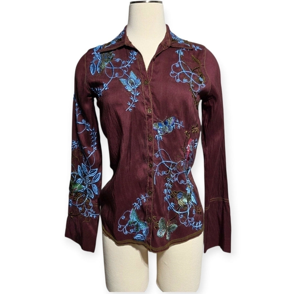 Y2K VINTAGE JOHNNY WAS SILK EMBROIDERED BUTTERFLY BUTTON FLY BLOUSE SZ S